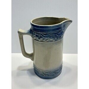 Antique Red Wing Cherry Band Salt Glaze Pitcher Deep Blue Color Cottage 9"